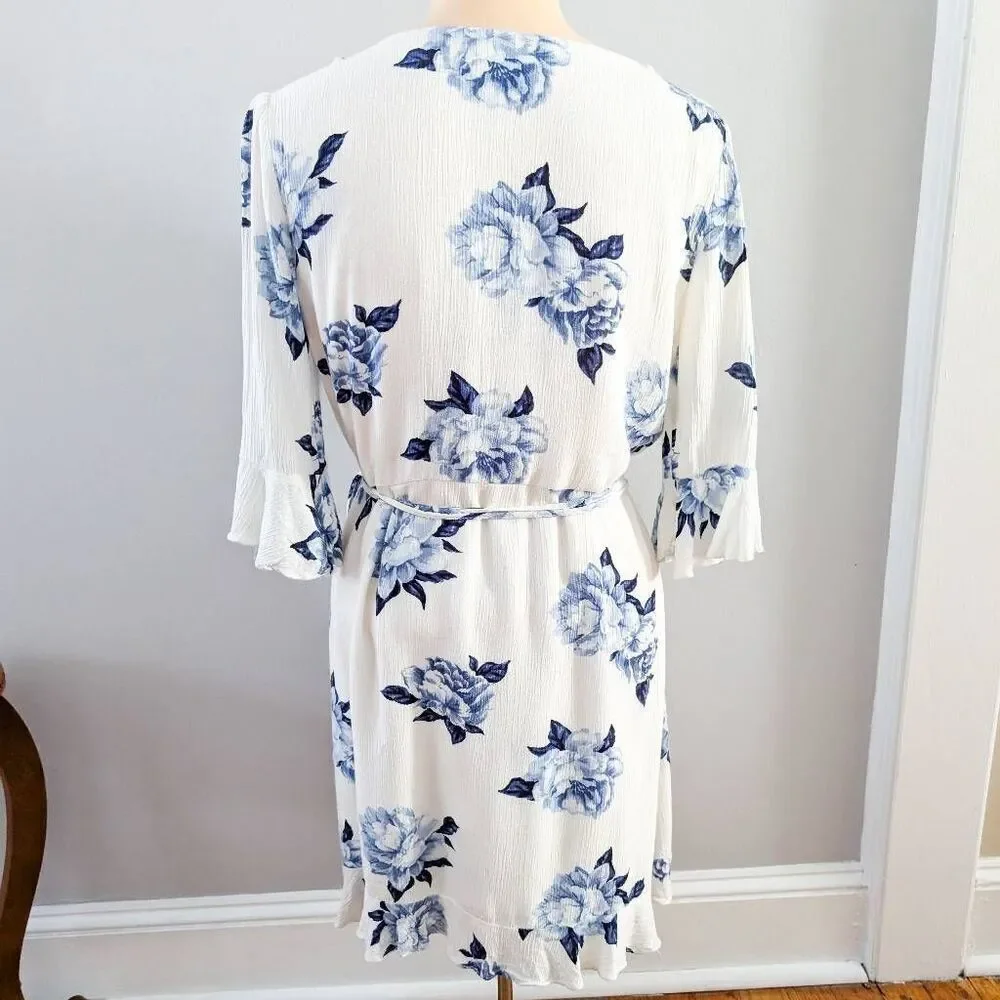 Lulus Pretty Peony Blue and White Floral Print Wrap Dress